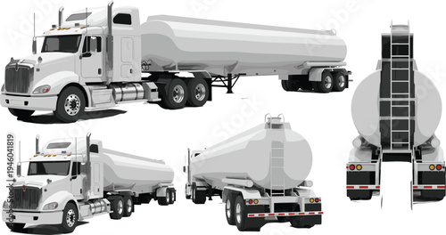 Detailed multi‑angle illustration of large commercial fuel tanker truck with cylindrical semi‑trailer, multiple axles, ladder access, and safety design features for logistics, transportation, 