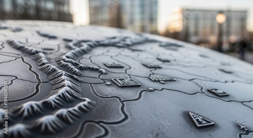 Detailed view of metallic 3D relief map, showcasing mountains, rivers, and cities. Represents concepts of geography, travel, and exploration.