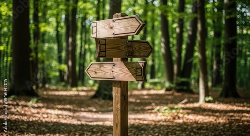Wooden signpost with three blank arrows stands on a path in a lush green forest, suggesting concept of choice, direction, decision making, or future journey.
