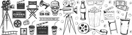 Hand Drawn Cinema and Film Production Sketch Elements Set with Movie Theater, Cinematography and Video Icons Vintage Style Vector Illustration