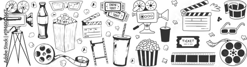 Hand Drawn Cinema and Movie Theater Doodle Icons Set, Film Festival Elements in Sketch Style Vector Illustration for Posters, Banners, Flyers and Advertising