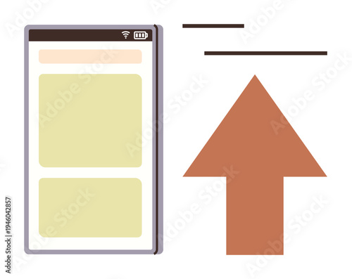 Data sharing, file transfer, digital communication, user interface design, mobile technology, app interaction. Smartphone screen with upload arrow. Data sharing and file transfer concept