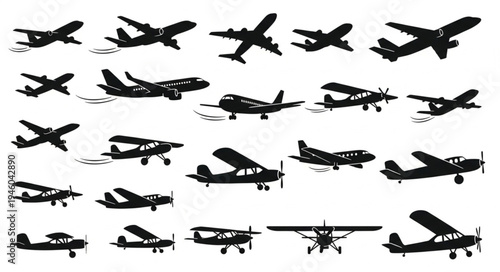 Silhouettes of Various Airplane Models in Flight and on Ground.