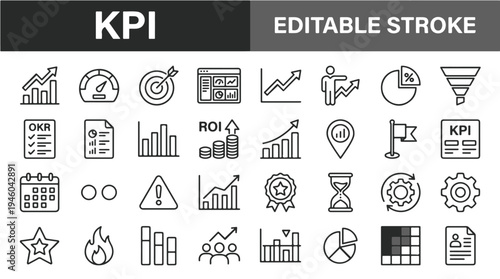 Kpi business performance measurement and analytics icon set