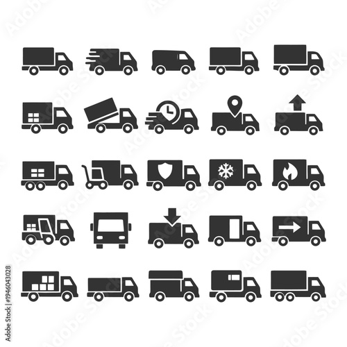 Set of truck icons representing various delivery and transport services.