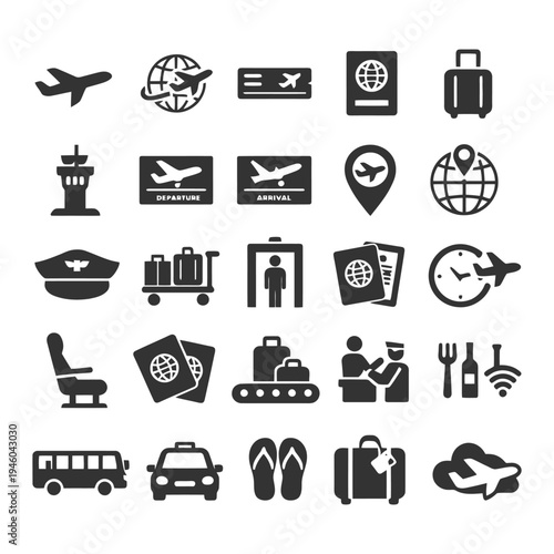 Travel and airport icons collection featuring flight, passport, luggage, and transportation symbols.