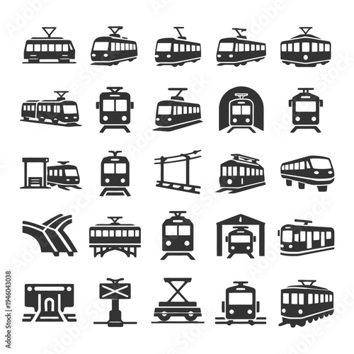 Collection of modern and vintage train and tram icons in various styles.