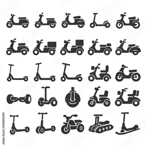 Silhouette collection of various scooters and motorbikes icons.