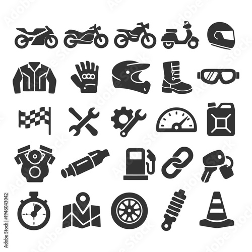 Motorcycle icons set: helmets, jackets, tools, and accessories.