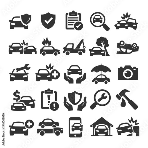 Car insurance and repair icons collection with various automotive symbols.