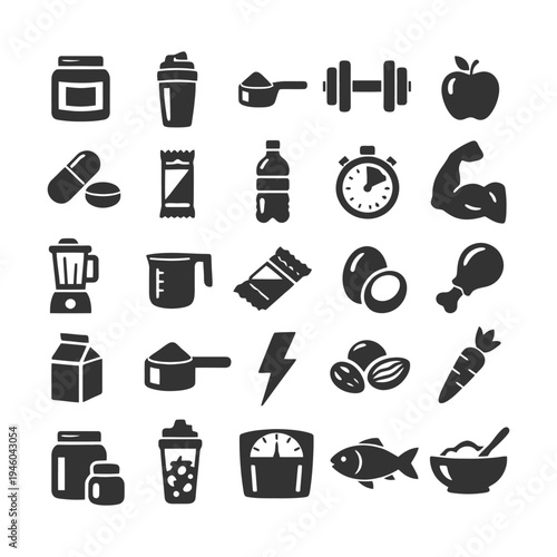 Fitness and health icons set including nutrition and exercise elements.