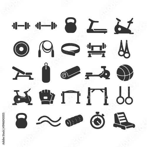 Collection of fitness equipment icons including weights, treadmill, kettlebell, and punching bag.