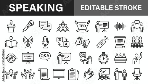 Speaking, communication, and presentation line icons set