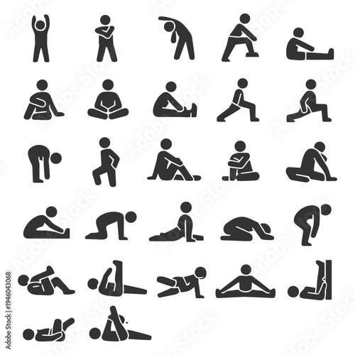 Variety of yoga poses silhouettes for exercise and stretching routine.