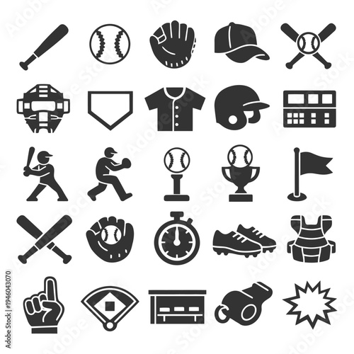 Baseball icons set: equipment, players, field, and trophy illustrations.