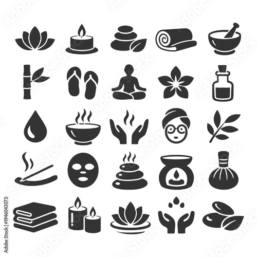 Set of spa and wellness icons featuring yoga, meditation, and relaxation elements.