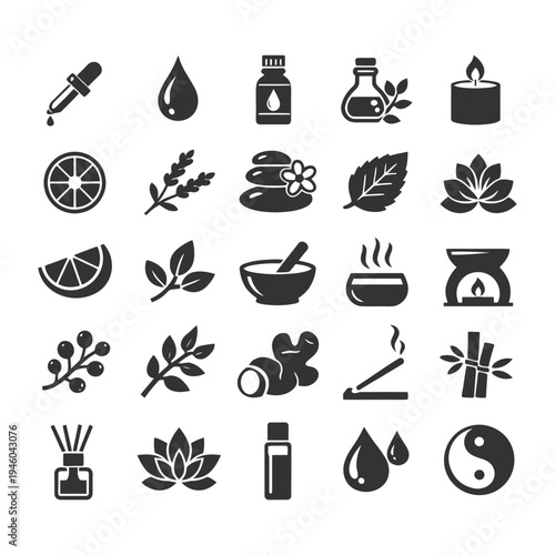 Aromatherapy icons: essential oils, herbs, candles, and wellness symbols.