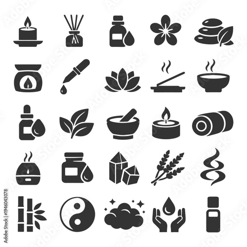 Black silhouettes of aromatherapy and spa elements.