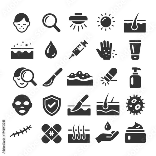 Skincare icons set featuring acne, treatment, and protection symbols.