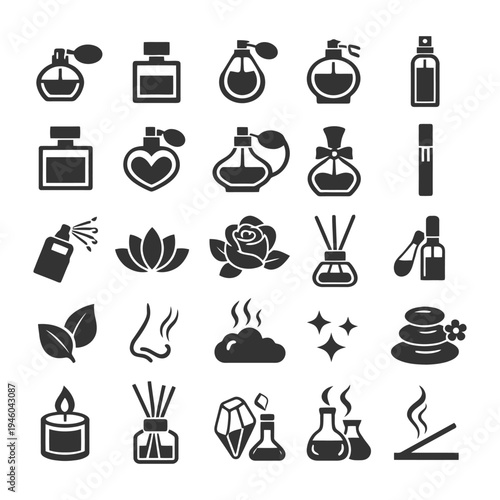 Assorted perfume icons and aromatherapy elements collection.