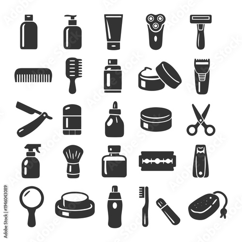 Set of grooming and personal care icons: razors, scissors, combs, toiletries.