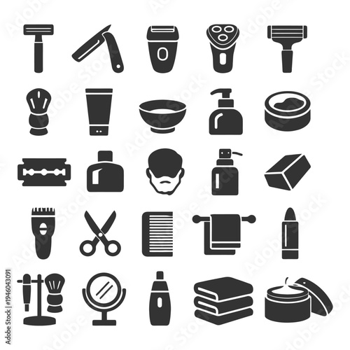 Men's grooming essentials: razor, shaving cream, electric trimmer, mirror, aftershave.