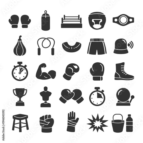 Boxing equipment icons collection: gloves, ring, headgear, and protective gear.