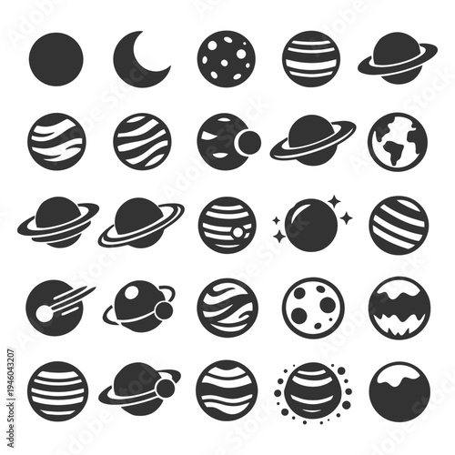 Collection of planetary and space icons featuring planets, moons, and comets.