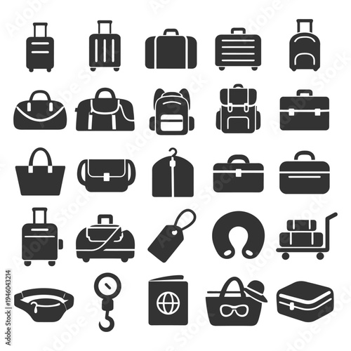 Travel icons collection: luggage, backpacks, suitcases, tags, travel essentials.