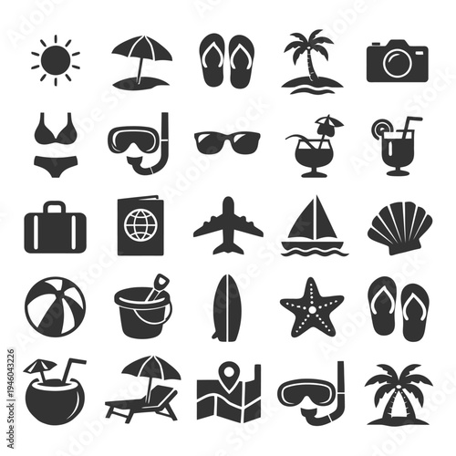 Summer vacation icons: beach, travel, and leisure symbols.