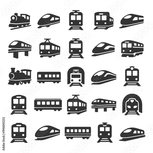 Variety of train icons featuring steam, bullet, and monorail designs.