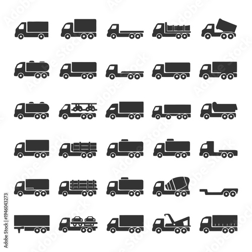 Collection of various truck icons in silhouette style.
