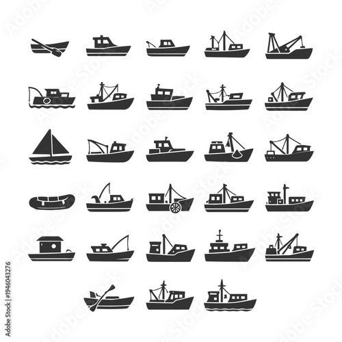 Variety of fishing boats and ships silhouettes in black and white design.