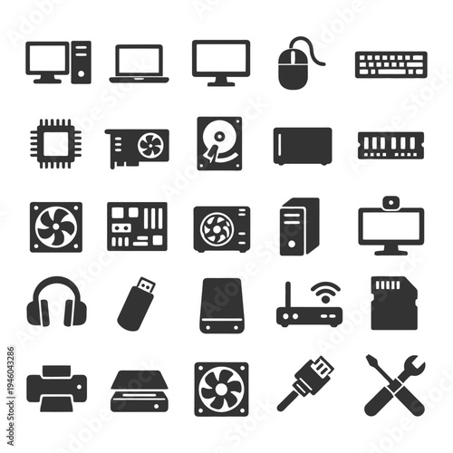 Computer hardware icons set: desktop, laptop, components, accessories.