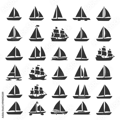 Collection of sailing boat and ship silhouettes in various designs.