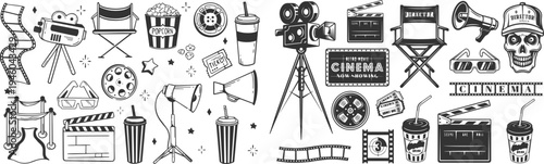 Cinema and Film Industry Doodle Elements Collection with Camera, Clapperboard, Ticket, Popcorn and Megaphone Hand Drawn Vector Illustration