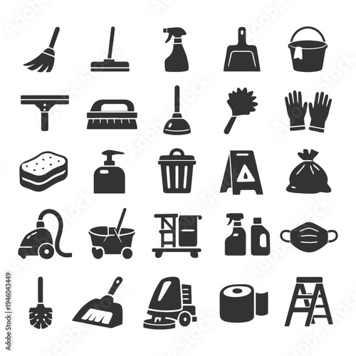 Collection of cleaning icons: broom, mop, spray bottle, dustpan, bucket, gloves, trash bags, vacuum, mask.