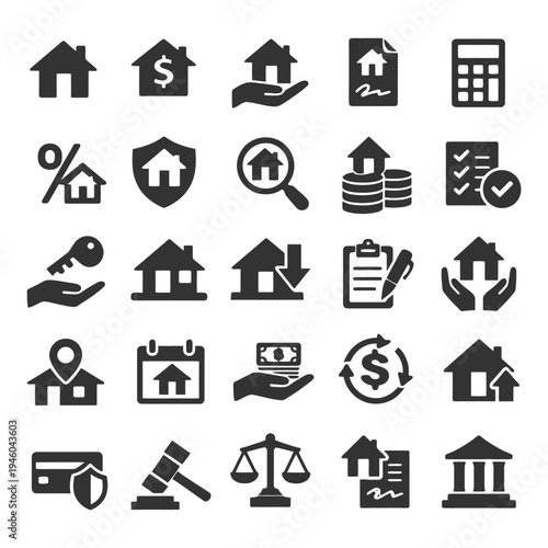 Real estate icons: home, property, finance, investment, legal.