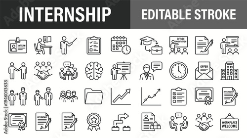 Internship program line icons set, job training and career development