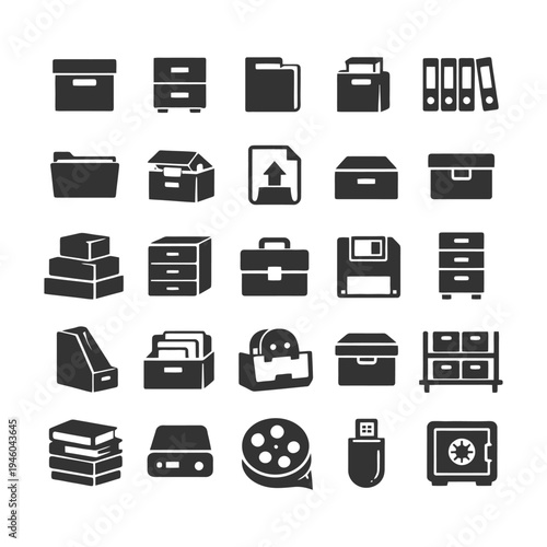 Collection of office storage and file icons in black and white design.