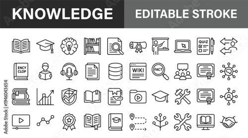 Knowledge, education, and learning editable stroke line icons