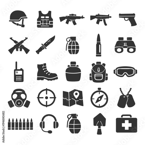 Military icons set featuring weapons gear and tactical equipment.