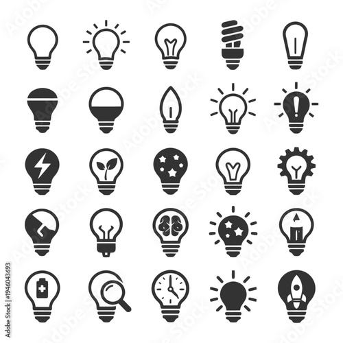 Creative light bulb icon set featuring innovation and energy themes.