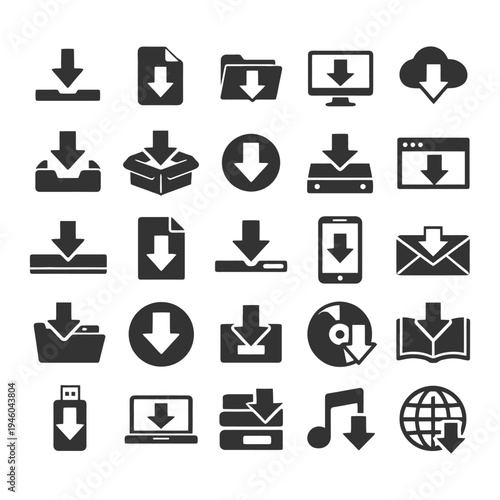 Download icons collection: files, folders, devices, and media symbols.