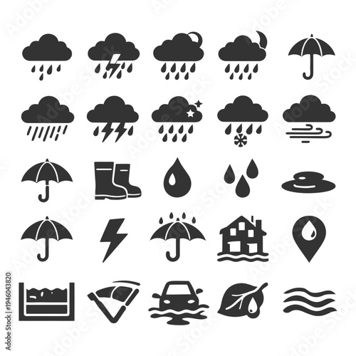 Weather icons: rain, storm, umbrella, flood, wind, snow.