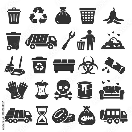 Waste management icons: recycling, garbage, compost, hazard.