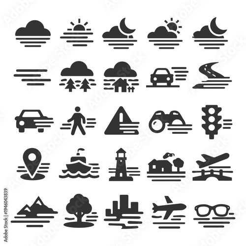 Monochrome travel and navigation icons set featuring clouds and vehicles.