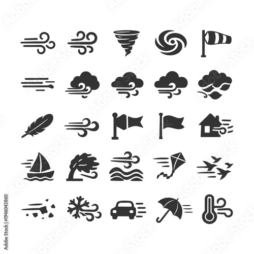 Weather icons set: wind, storm, clouds, and temperature symbols in black.