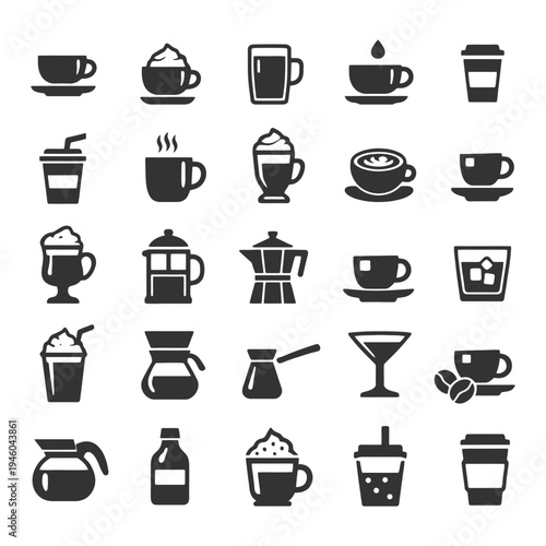 Silhouette icons of coffee cups and brewing equipment.