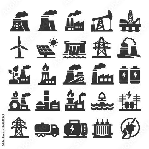 Energy icons set: renewable and non-renewable energy silhouettes.